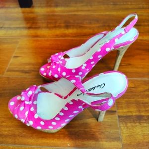 Pink polka dot tie front heels